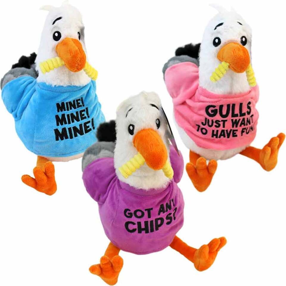 BEMIRO Set van 3 Meeuw knuffeldieren met T-shirts en grappige spreuken, 32 cm