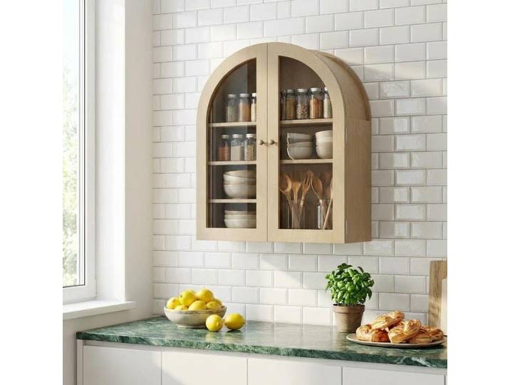 Armoire murale cintrée, petite armoire à pharmacie murale pour salle de bain avec portes en verre et étagères réglables, rangement gain de place