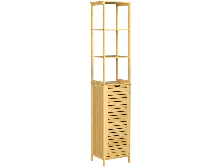 Modfu Badezimmer Hochschrank 34x30x173 cm Natur aus Bambus mit Lamellentür & 3 Ablagen, Naturfarben, Naturmaterialen, 34x173x30 cm, Badezimmer, Badmöbel, Hochschränke
