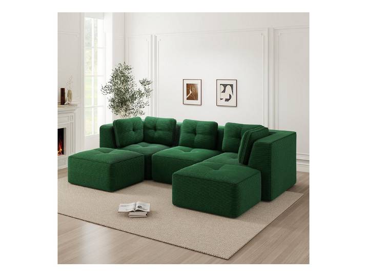 Odikalo Sofa Ecksofa Schlafsofa Modulares Sofa, Cord, Knochenloses, U-förmiges Ecksofa mit Ottomane, geeignet für das Wohnzimmer, keine Montage erforderlich
