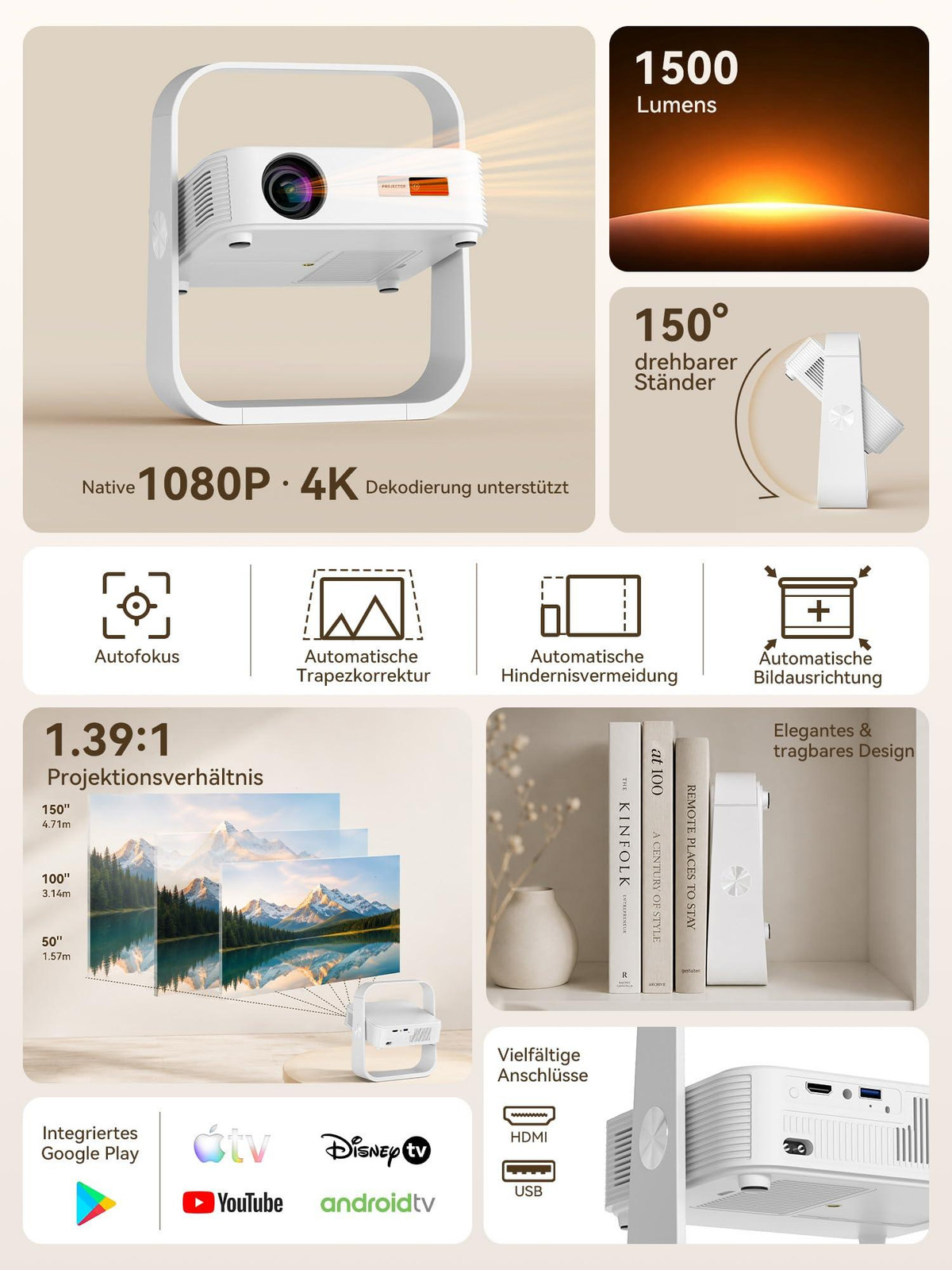 Selius Draagbare Mini Beamer - 1500 Lumen Helderheid - 1080p Resolutie - Voor Thuisbioscoop en Presentaties