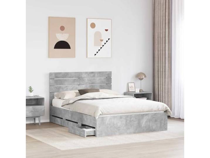 SKTQYQO Bettgestell, Zementgrau, 140 x 190 cm Technisches Holz, 6 Schubladen, feste Latten, selbsttragend, einfache Reinigung