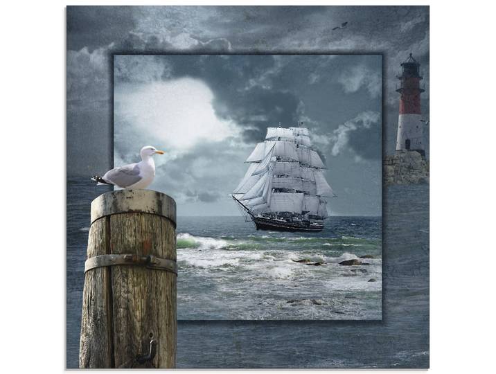 Glasbild ARTLAND Maritime Collage mit Segelschiff , blau (farbe bild(er): blau), B:20cm H:20cm, Bilder, Glasbild, in verschiedenen Grössen