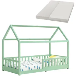 Juskys Kinderbett Marli 90 x 200 cm mit Matratze, Gitter, Lattenrost & Dach - Bett Mint