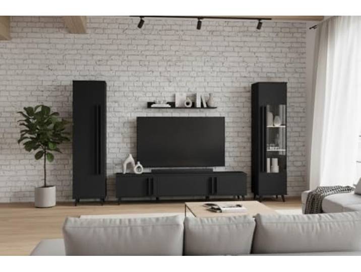 MINIO go for it - Wohnwand Huron 2, 4-teilig Set ohne LED auf hohen Beinen, Farbe: Schwarz mat