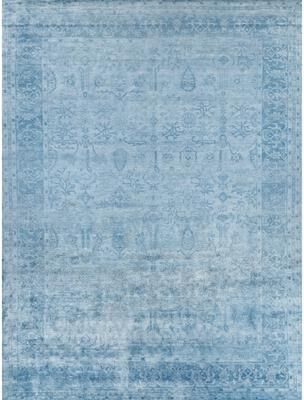Exquisite Rugs Antique'd Silk hand-knotted Bamboo Silk Blue Area Rug