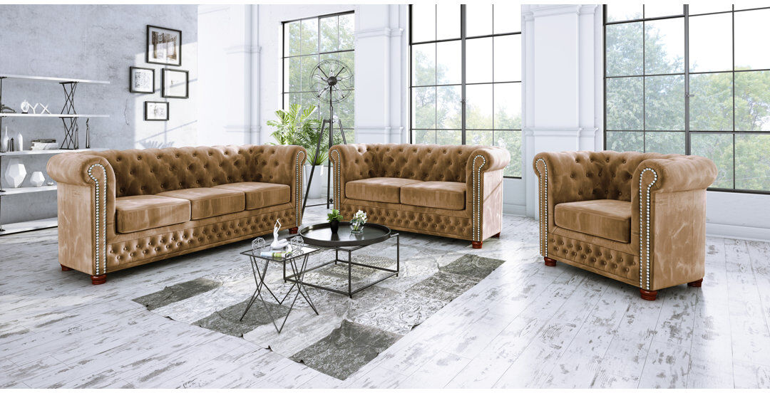 S-Style Furniture Chesterfield Sofa Set 3+2+1 Made of Velvet Fabric with Solid Wood Legs Beige 3