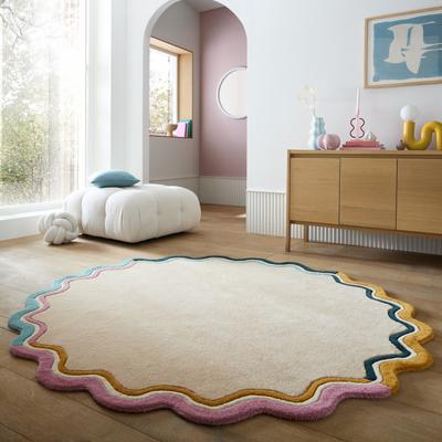 Teppich FLAIR RUGS "LEO SCALLOP BORDER", beige (mehrfarbig), B:180cm H:8mm L:180cm, Oberfläche: 100% Wolle. Rückseite: 100% Baumwolle, Teppiche, Teppich