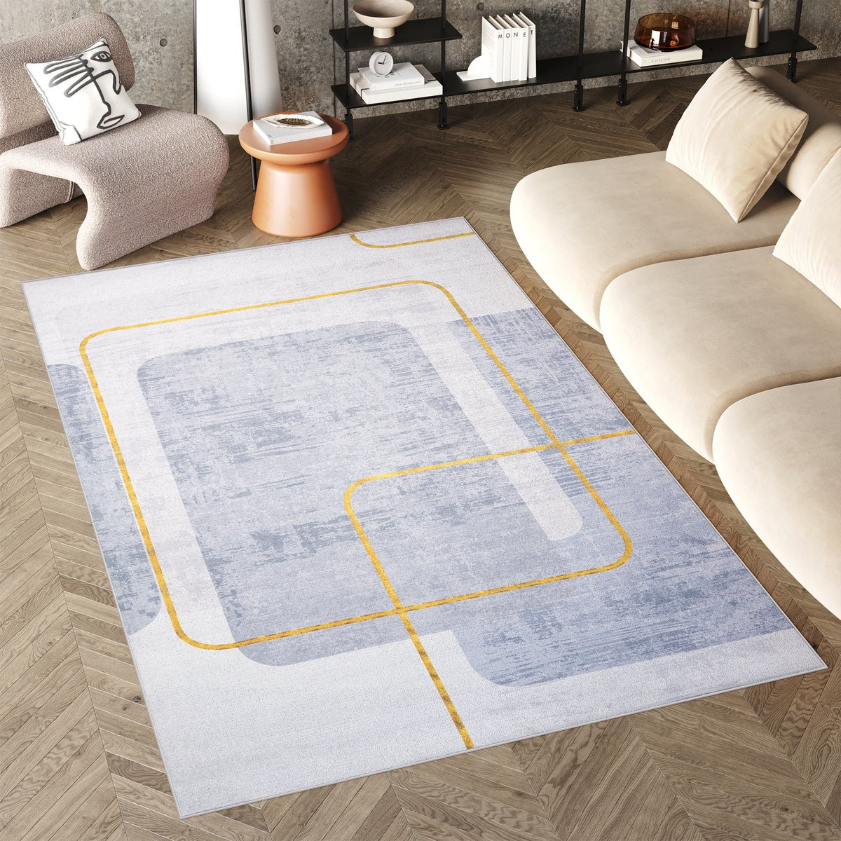 Tapiso Flannel Printed Vloerkleed Blauw Goudkleur - 160 x 230 cm
