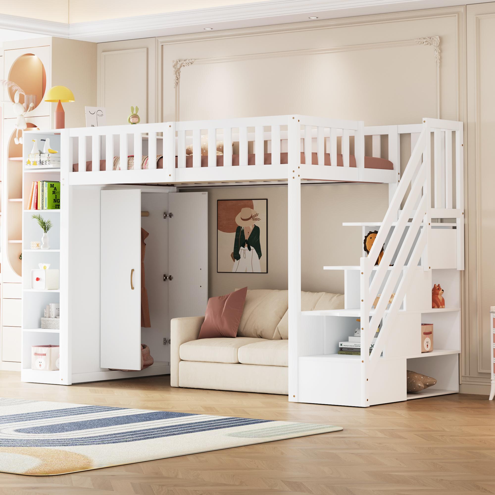 Merax Hochbett 90x200 cm mit Kleiderschrank, Etagenbett mit Regalen und Schubladenleiter, Multifunktionales Design Kinderbett, Weiß