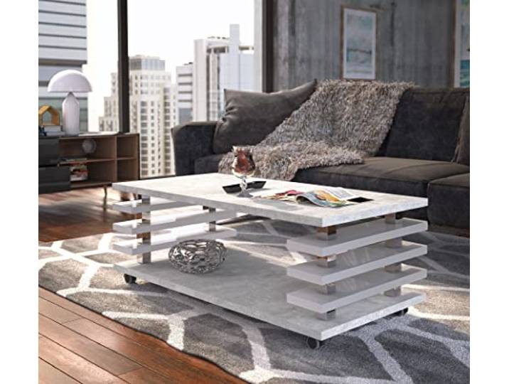 designimpex Carl Svensson Couchtisch DC-3 Beton/Weiß Hochglanz 120x60cm mit Ablage modern stabil vielseitig Wohnzimmertisch Beistelltisch Sofatisch Zeitloses platzsparend robust Wohnzimmer mit Rollen