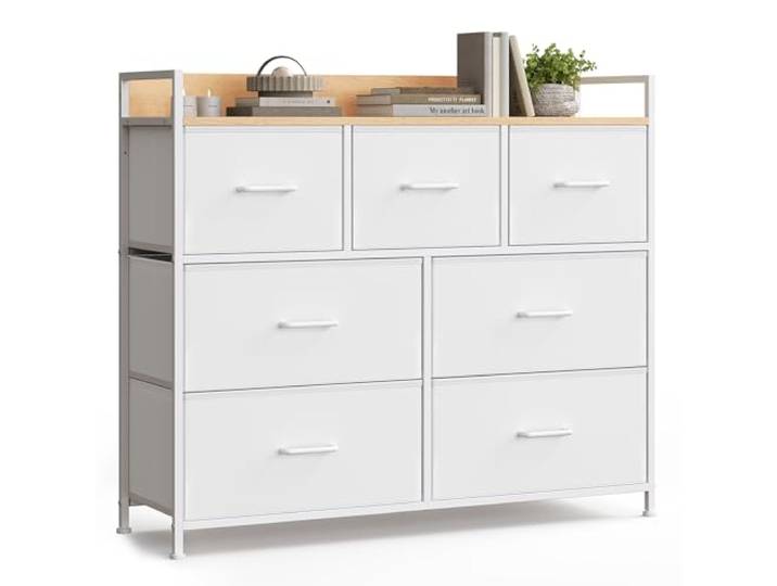 SONGMICS Meuble de Rangement\, avec 7 Tiroirs en Tissu\, Style Moderne Pour Salon\, Entrée\, Couloir\, Blanc Nuage et Beige Chêne\, Collection BELLAH LTS523W57