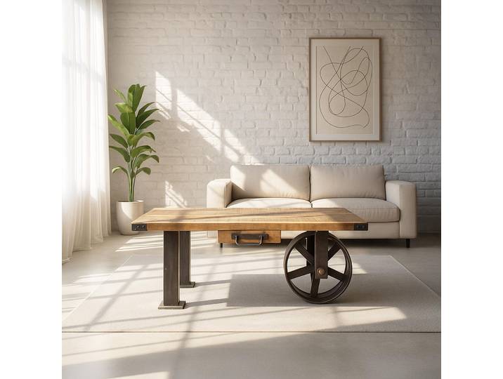 Table basse industrielle en bois massif à roue carbone