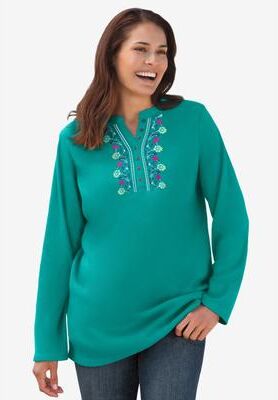 Plus Size Women's Embroidered Thermal Henley Tee by Woman Within in Waterfall Vine Embroidery (Size 6X) Long Underwear Top