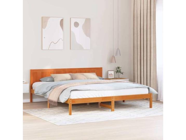 Massivholz Kiefer mit Kopfteil minimalistisch stabil 200 x 200 cm Braun Bettgestell Massivholz Kiefer Braun 200x200 cm Kaiserbett mit Kopfteil Stabil Modernes Design