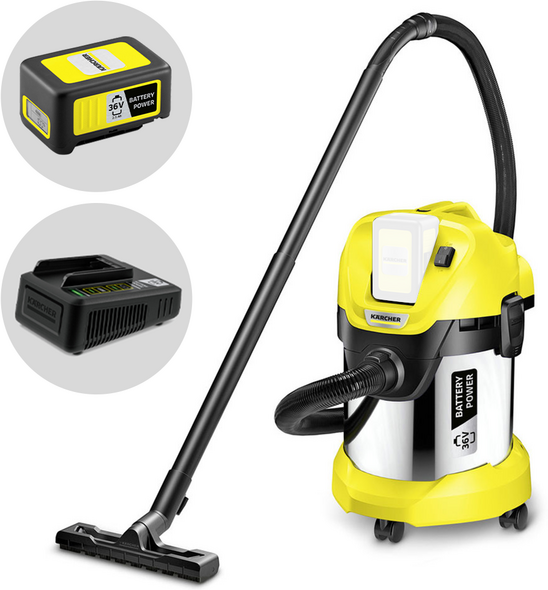 Karcher WD 3 Premium Battery 36 V - Aspirapolvere multiuso a batteria 36V 2.5Ah - Solidi liquidi e soffiatore