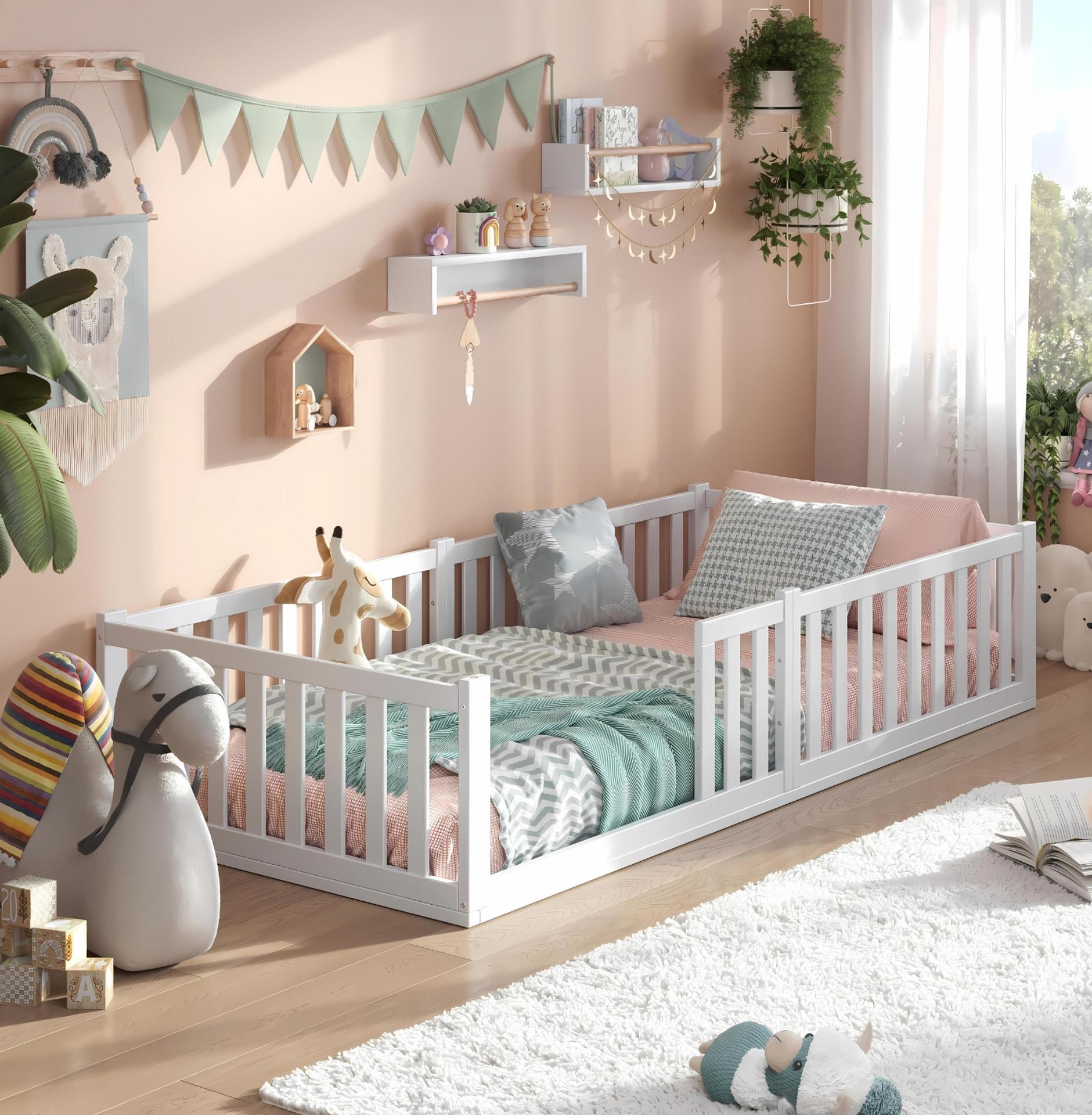 Alavya Home Bodenbett TITAN 90x200 Komplett-Set mit Kindermatratze COZY Kaltschaum, Massivholz Buche, Rausfallschutz