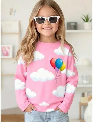 Top Demand Picks Cute Pink Clouds 3D Print Kids T Shirt, Girls Long Sleeve Top, Casual Comfort Childrens Clothing For Autumn Outdoors cxs002dv 120