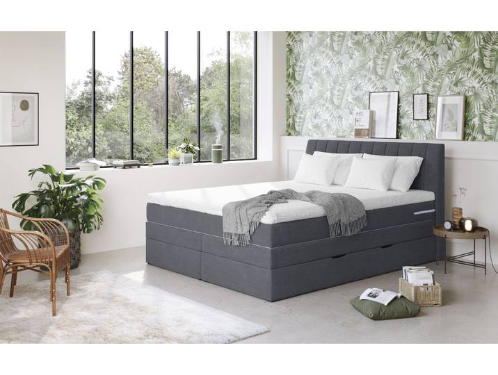 Boxspringbett, 100% Polyester, Dunkelblau, 160×200 cm, Mit Bettkasten & Topper, Landhaus, Cotta