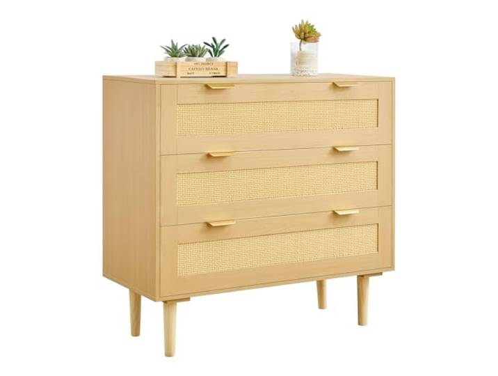 VEVOR Rattankommode Aufbewahrungsschrank mit 3 Schubladen & Metallgriffen & Holzbeinen, moderner Rattanschrank für Schlafzimmer Wohnzimmer Flur (80 x 35 x 77 cm) Kleidungsschrank Schubladenschrank