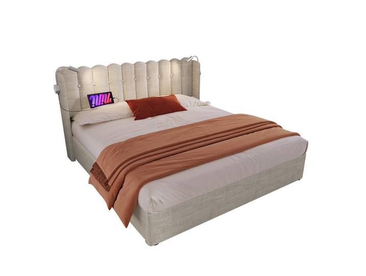 Okwish Polsterbett 160/200 cm mit Leselicht und Ladefunktion in Natur Ohne Matratze, Naturfarben, 160x200 cm, Schlafzimmer, Betten, Polsterbetten