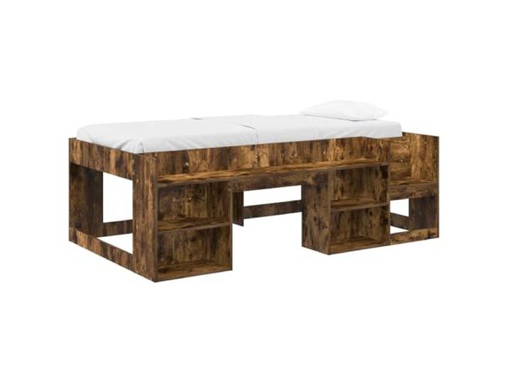 HFXHIJXQ Bettgestell mit Stauraum Geräucherte Eiche 203x127x65 cm Stabiler Holzwerkstoff in Eichenoptik mit integrierten Regalfächern und Lattenrost für Ihr Schlafzimmer.