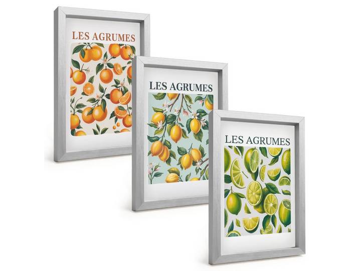 BILDER SET 3er Set - 20x30 cm Silberner Rahmen - Fruchtige Zitrus-Pastellmuster