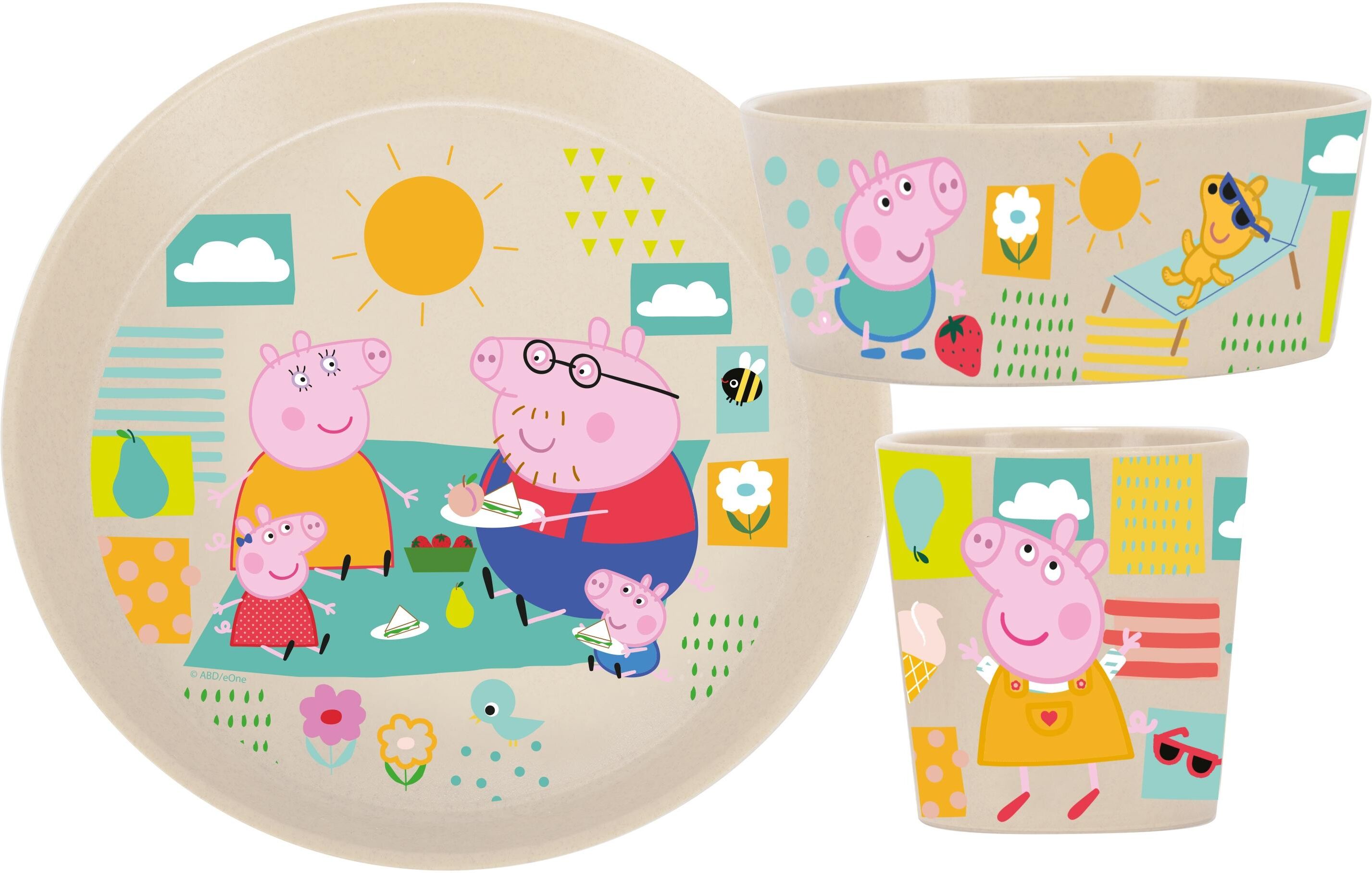 Kindergeschirr-Set KOZIOL "Connect Peppa Pig, 3-teilig", Kinder, beige (natur, gelb), Kunststoff, Geschirr-Sets Kindergeschirr-Set natur, gelb Einheitsgröße