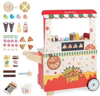 Costway Kids Pizza Food Truck Wooden Pretend Play Snack Cart with Oven-Red