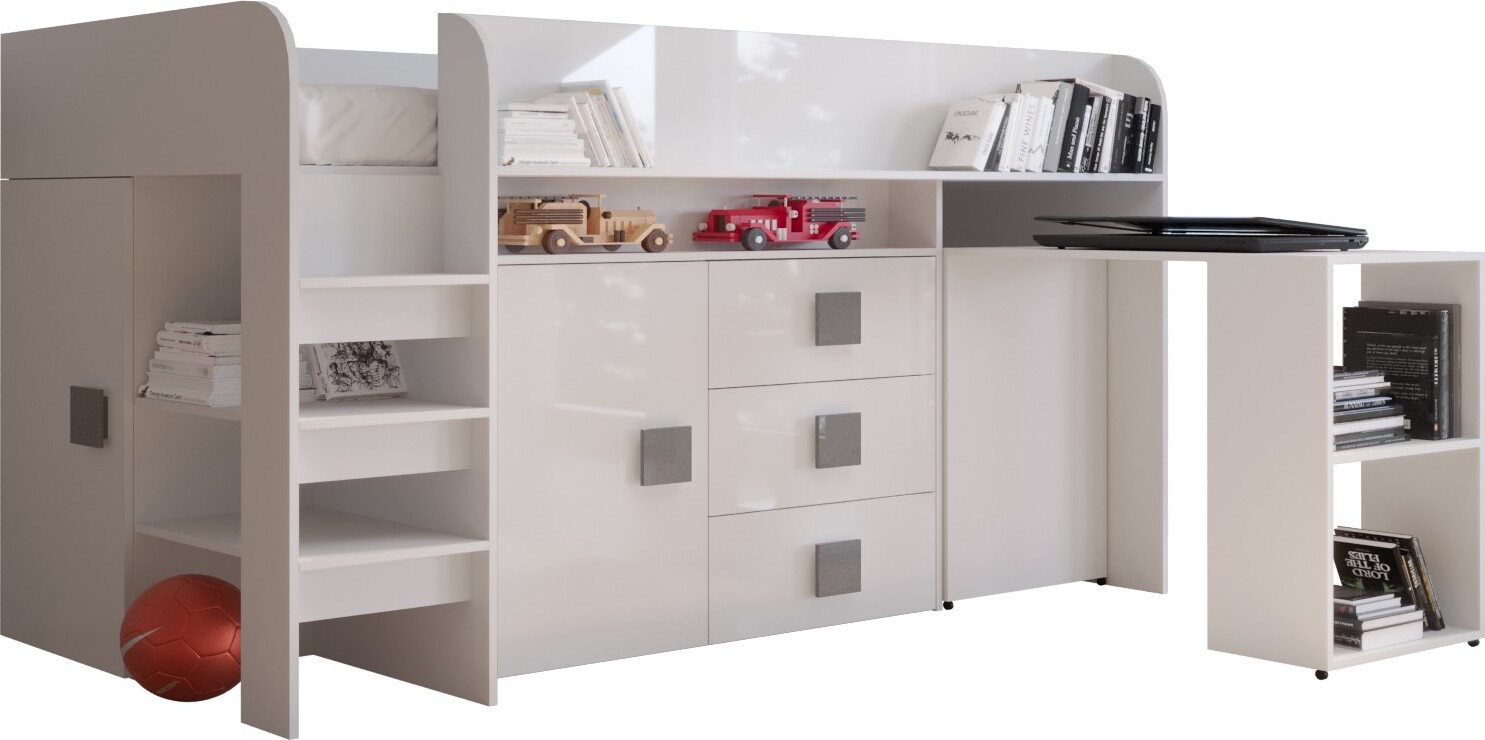 Etagenbett für Kinder Toledo 1 Stockbett mit Treppe und Bettkasten (Weiß + Weiß Glanz + graue Griffe)
