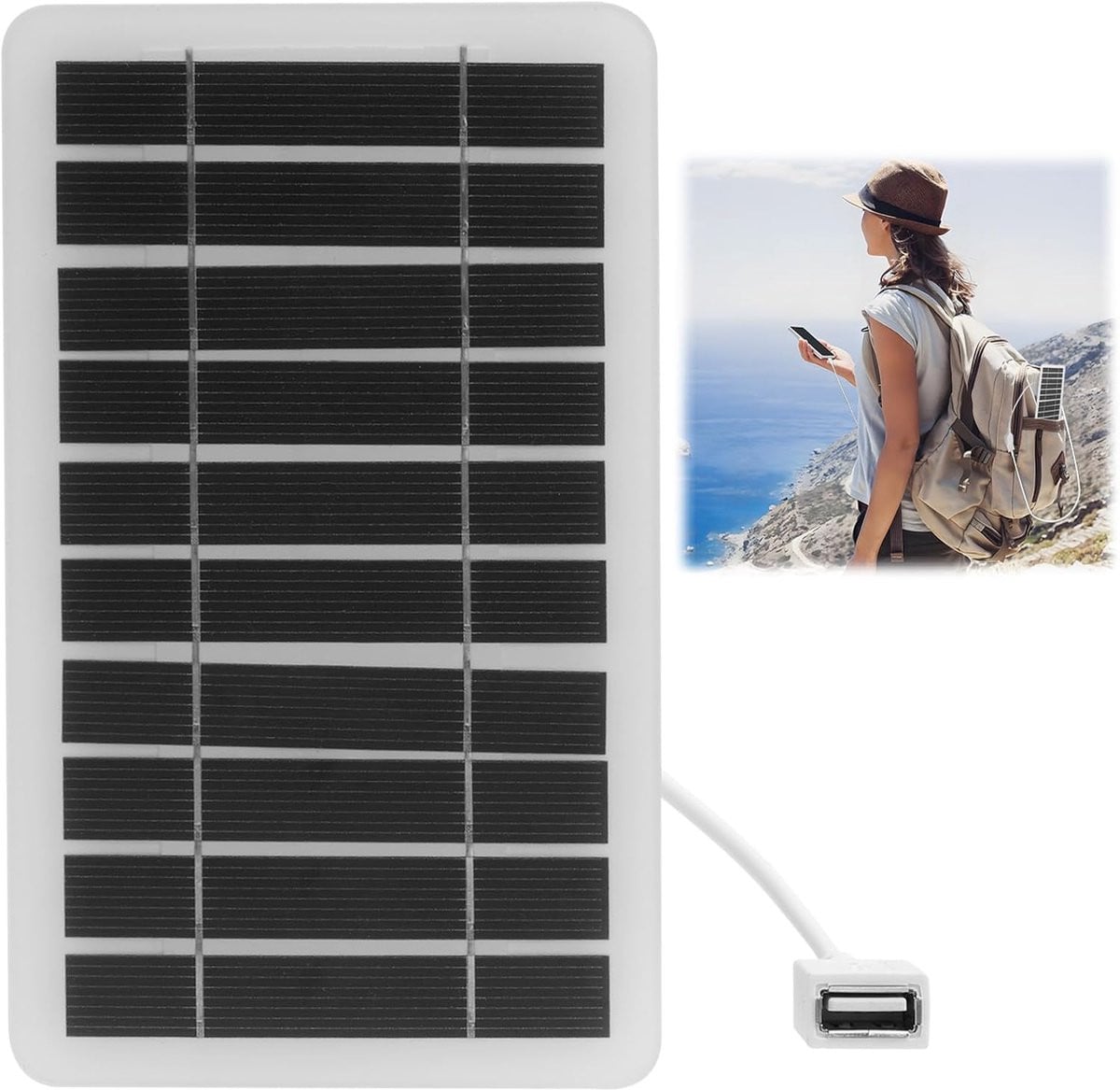 Draagbaar zonnepaneel 5V 2W met USB-aansluiting, waterdicht en robuust ontwerp voor outdoor-gebruik, zwart of wit