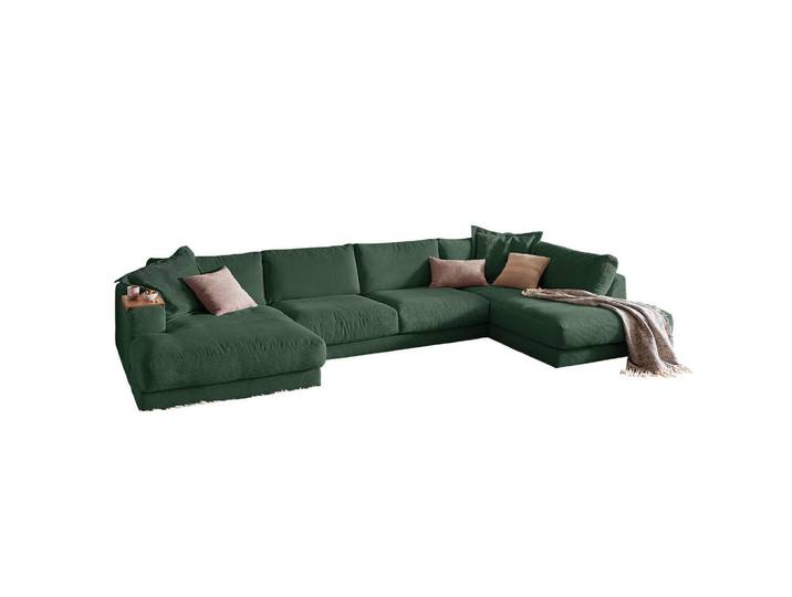 Kawola Wohnlandschaft Madeline Smaragdgrün Cord, Kunststoff, Echtholz, Füllung: Komfortschaum, U-Form, 425x86x224 cm, Wohnzimmer, Sofas & Couches, Wohnlandschaften, Wohnlandschaften in U-Form