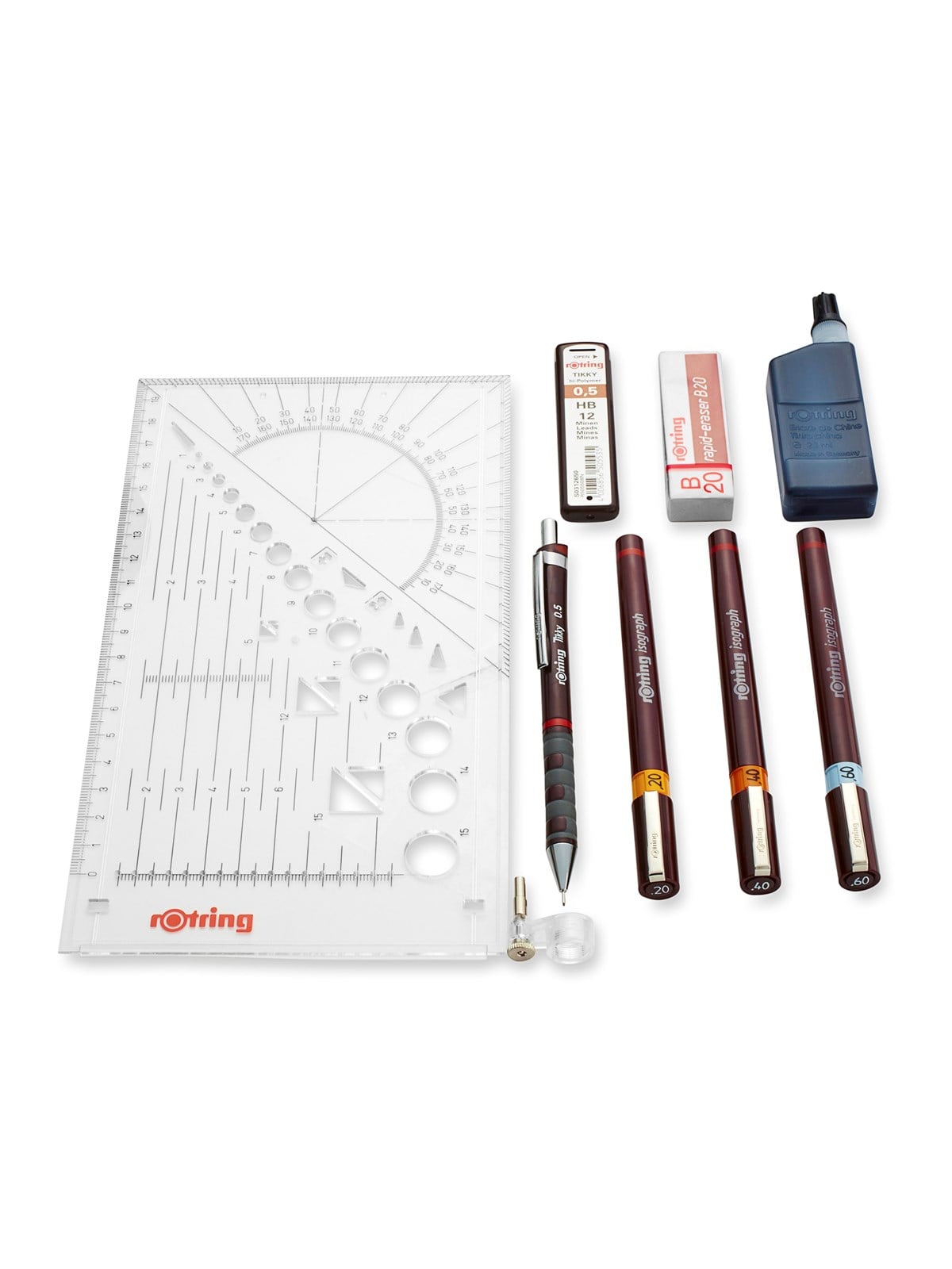 Rotring rOtring Isograph Fineliner College Set | 3 Isograph Tuschefüller (0,20 mm, 0,40 mm und 0,60 mm), Tikky Druckbleistift (0,5mm) und Zubehör