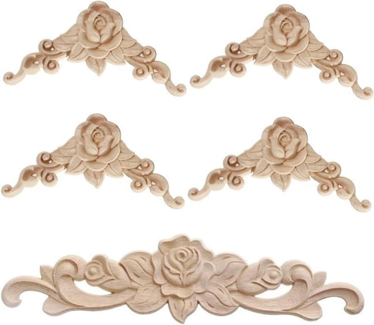 Set van 5 decoratieve houten appliqués met fijn houtsnijwerk in houtkleur