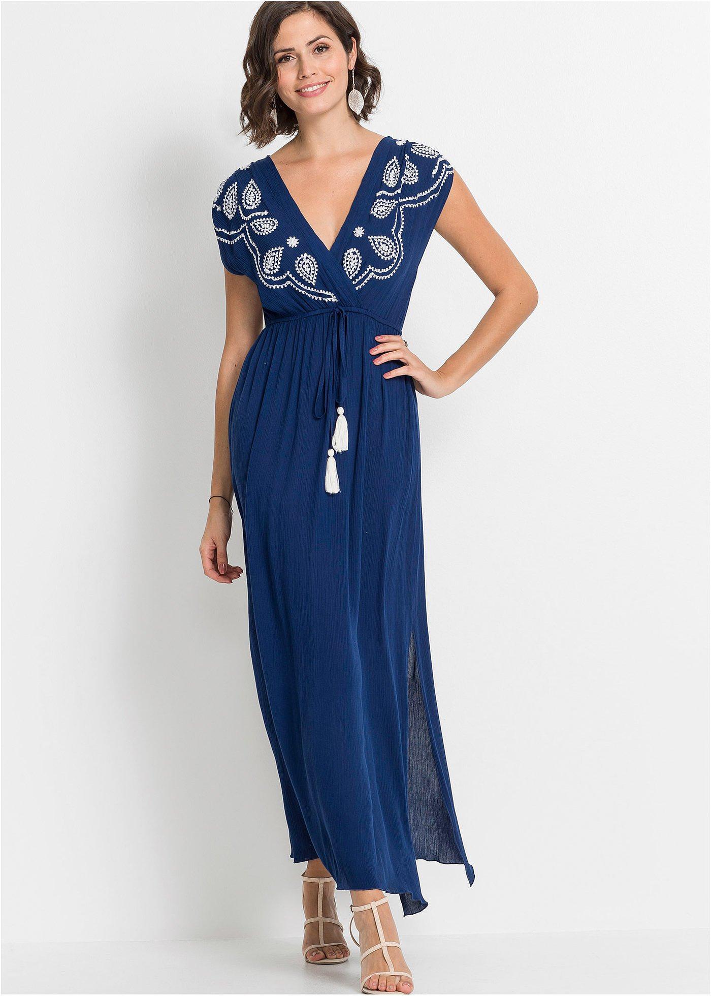 bonprix Maxikleid aus Viskose, blau, Gr.42, Ärmelloses Maxikleid mit Verzierung und Bindeband, aus Viskose