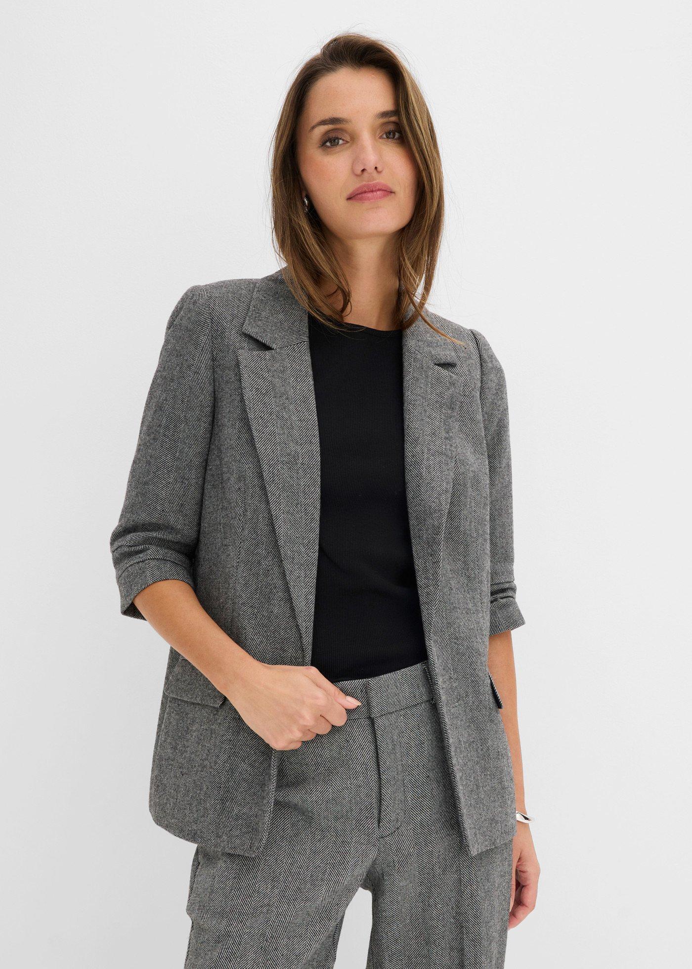 bonprix Longblazer mit Reverskragen, schwarz, Gr.52, Eleganter Longblazer mit Fischgrätmuster