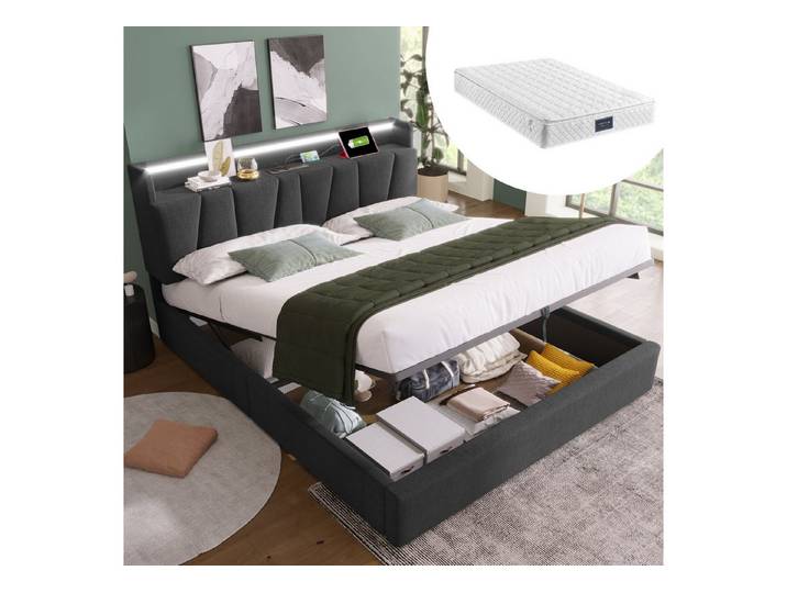STILVORA Polsterbett 140x200 Jugendbett mit Stauraum,Bettgestell mit USB Ladefunktion&LED (mit aufladen USB Ladefunktion Stauraum-Kopfteil), 140x200cm Inklusive-Matratze Stauraumbetten Bettgestell