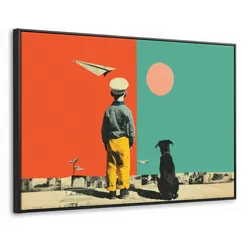 LEINWAND Bilder mit Rahmen - Retro - Junge - Hund - Rot - Grün - 120x80