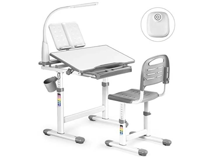 JOYLDIAS Kinderschreibtisch höhenverstellbar, Schülerschreibtisch Jugendschreibtisch mit Lampe, Schreibtisch Kinder mit Stuhl und Schublade inkl. kostenloser Kleineimer& Lichthalter/Grau