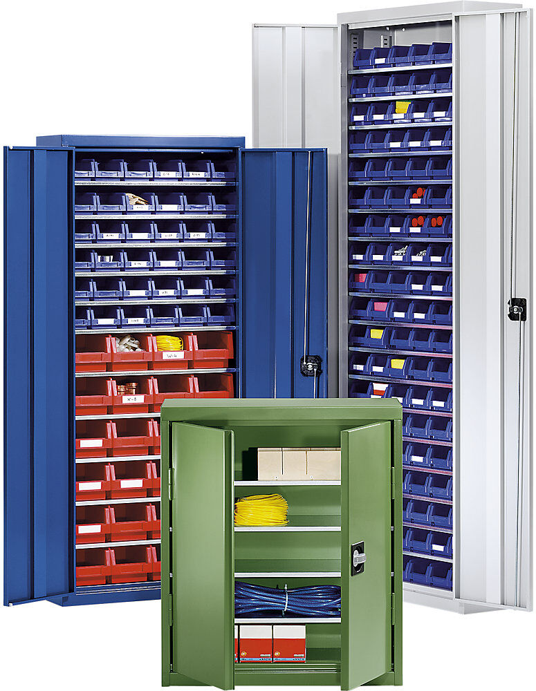 Materialschrank mit Lagerkästen, Höhe 1575 mm, 14 Fachböden, resedagrün eurokraft pro