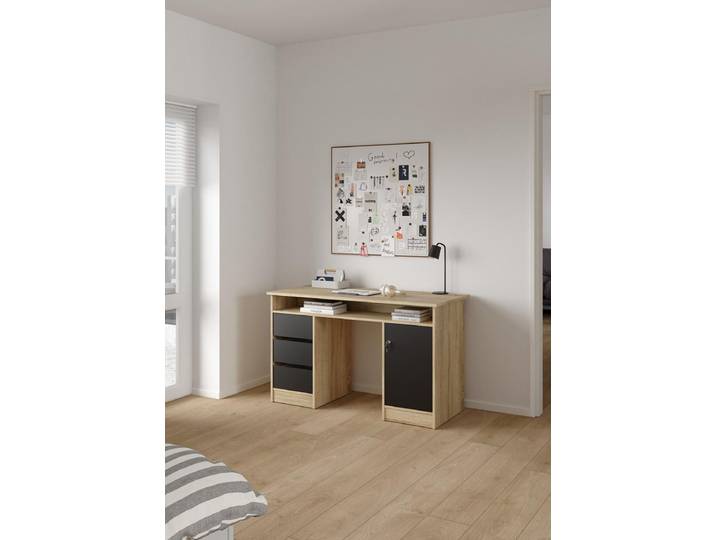 Function Plus Schreibtisch 1 Tür + 3 Schubladen, Farbwahl:Eiche / Schwarz