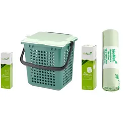 Bio Abfalleimer Natura Biomat Airbox offen grün im SET mit verschiedenen Bio Müllbeuteln in praktischer Verpackung