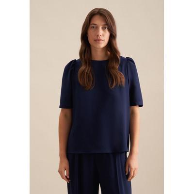 Shirtbluse SEIDENSTICKER "Schwarze Rose", Damen, Gr. XS (34), blau (marine), 100% Polyester, unifarben, regular fit, U-Boot-Ausschnitt, Blusen, 1/2 U-Boot Uni