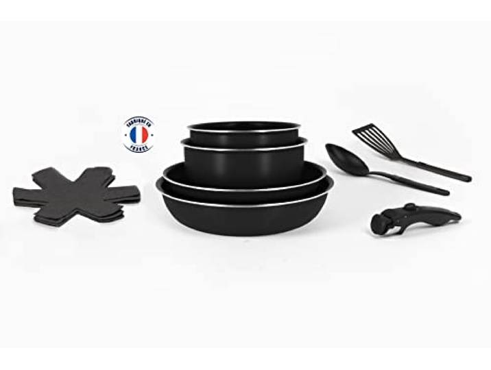 Kochgeschirr, 10-teilig, Schwarz, Aluminium, nicht Induktion, hergestellt in Frankreich