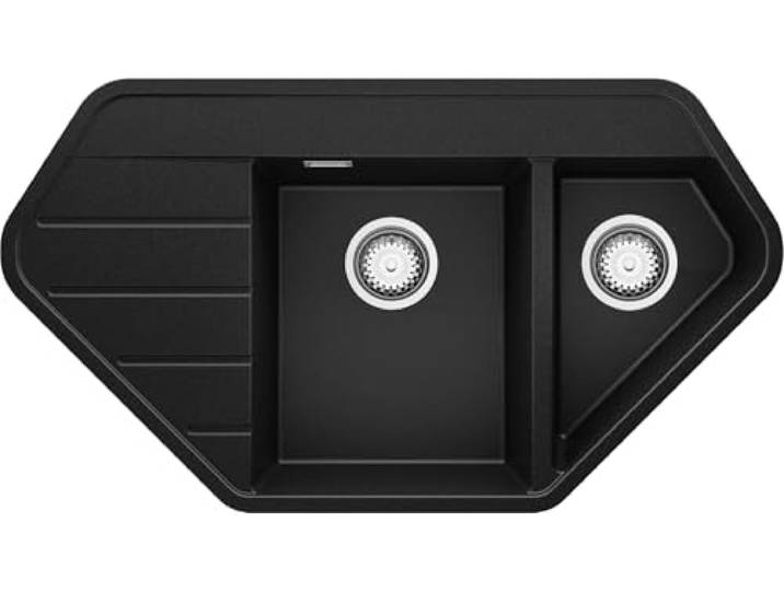 PRIMAGRAN Spülbecken ab 70er Unterschrank + Ablauf-Set, 90x50cm Set: Ablauf-Set (Siphon, Ablaufgarnitur, Überlauf) + Granitspüle 1,5 Becken - Kopenhagen, Schwarz