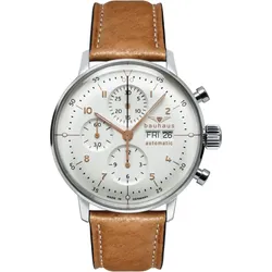 Bauhaus Herrenuhr Automatik Herrenuhr Automatik 20181 Sonderangebot - Leuchtpunkte,Leuchtzeigern,Weißes Ziffernblatt mit rosegoldenen Zahlen/Indices,hellbraun,weiße Naht - 42mm