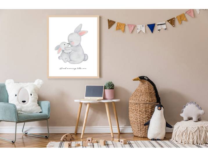 Bild mit Rahmen LÜTTENHÜTT oder Poster, Grosser Hase und Hasenkind , bunt (farbe rahmen: beige, farbe bild(er): bunt), B:30cm H:40cm T:0,7cm, Holz, Plexiglas, Bilder, Bild mit Rahmen, HD Premium Druck