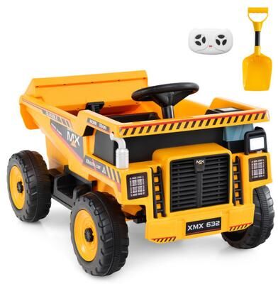 Costway 24V Construction Electric Vehicle with Dump Bed and Remote Control for Aged 3-8-Yellow