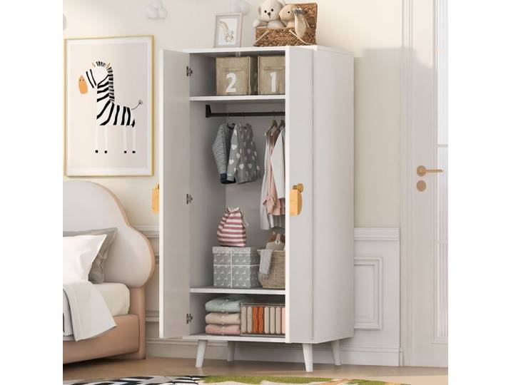 Armoire 70x55x170 cm Blanc - Double Porte Grand Rangement Poignées Dessin Animé Pieds Surélevés Montage Facile