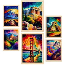 POSTER Set Mit 6 Ästhetisch Im Ölgemälde Stil A3 & A4 Rahmen Aus Hellem Holz